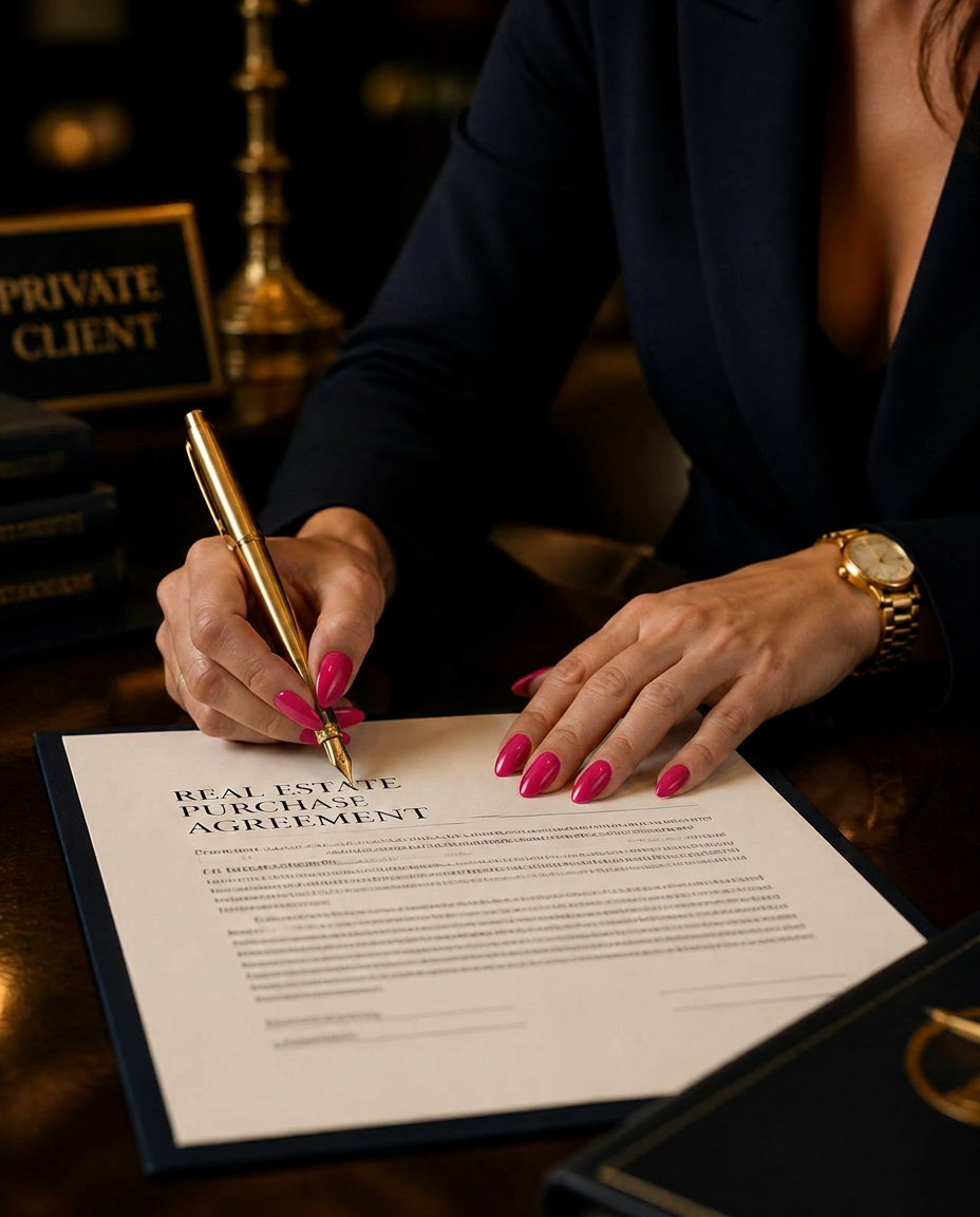 Signing a real estate purchase agreement with a gold pen